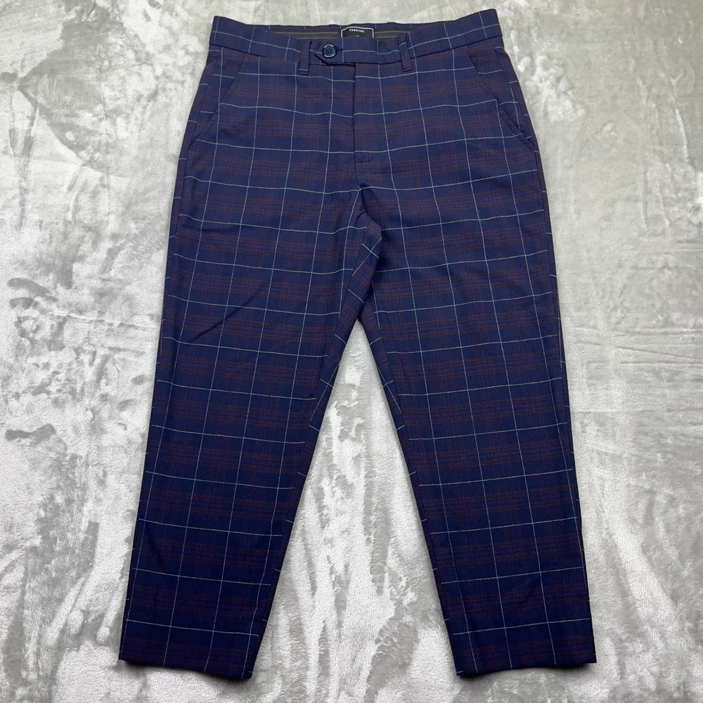 Percival Plaid Dress Pants Cropped Slim Fit Dark Blue Sz 32 Tailored Preppy Boho
